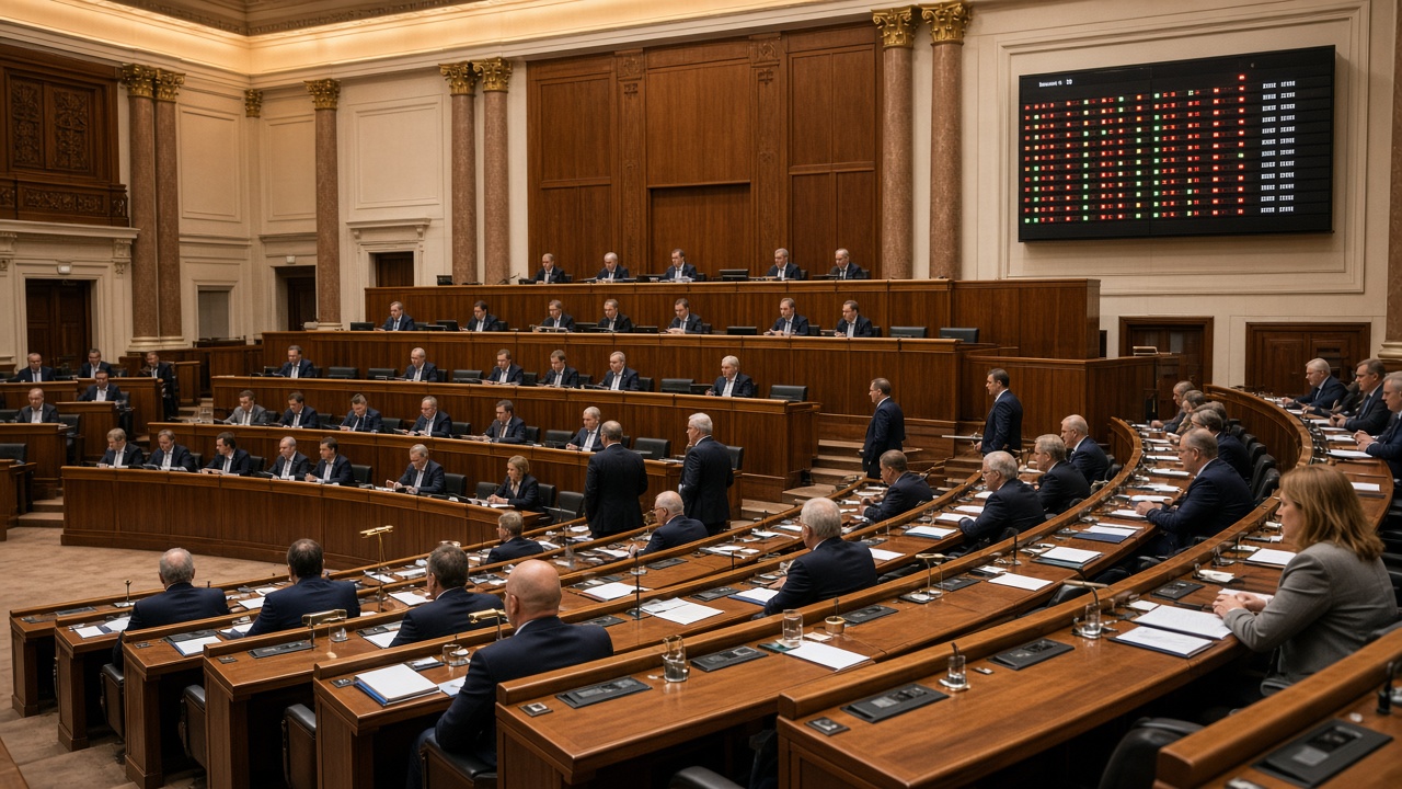 Rokovacia sála Národnej rady Slovenskej republiky počas hlasovania, poslanci v laviciach a na tabuli výsledky