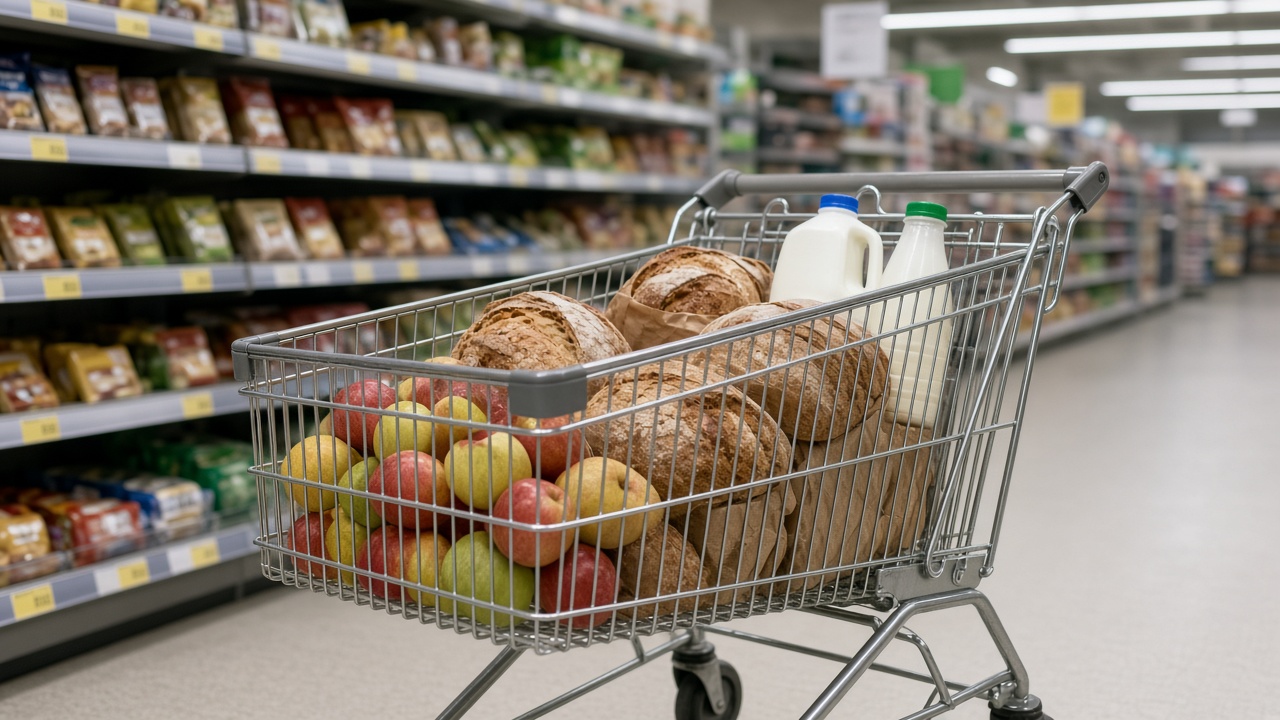 Nákupný košík s ovocím, chlebom a mliekom v uličke supermarketu, v pozadí regály s cenovkami
