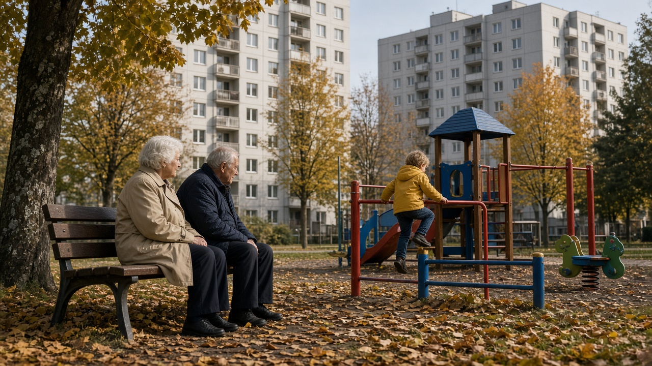 Detské ihrisko v sídlisku za slnečného popoludnia, na lavičke sedia starí rodičia a pozerajú sa na hrajúce sa dieťa
